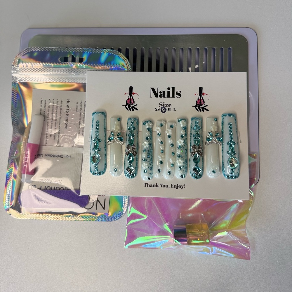 Blue White Flower Nails | Custom Press On Nails | High Quality Nails | Handmade